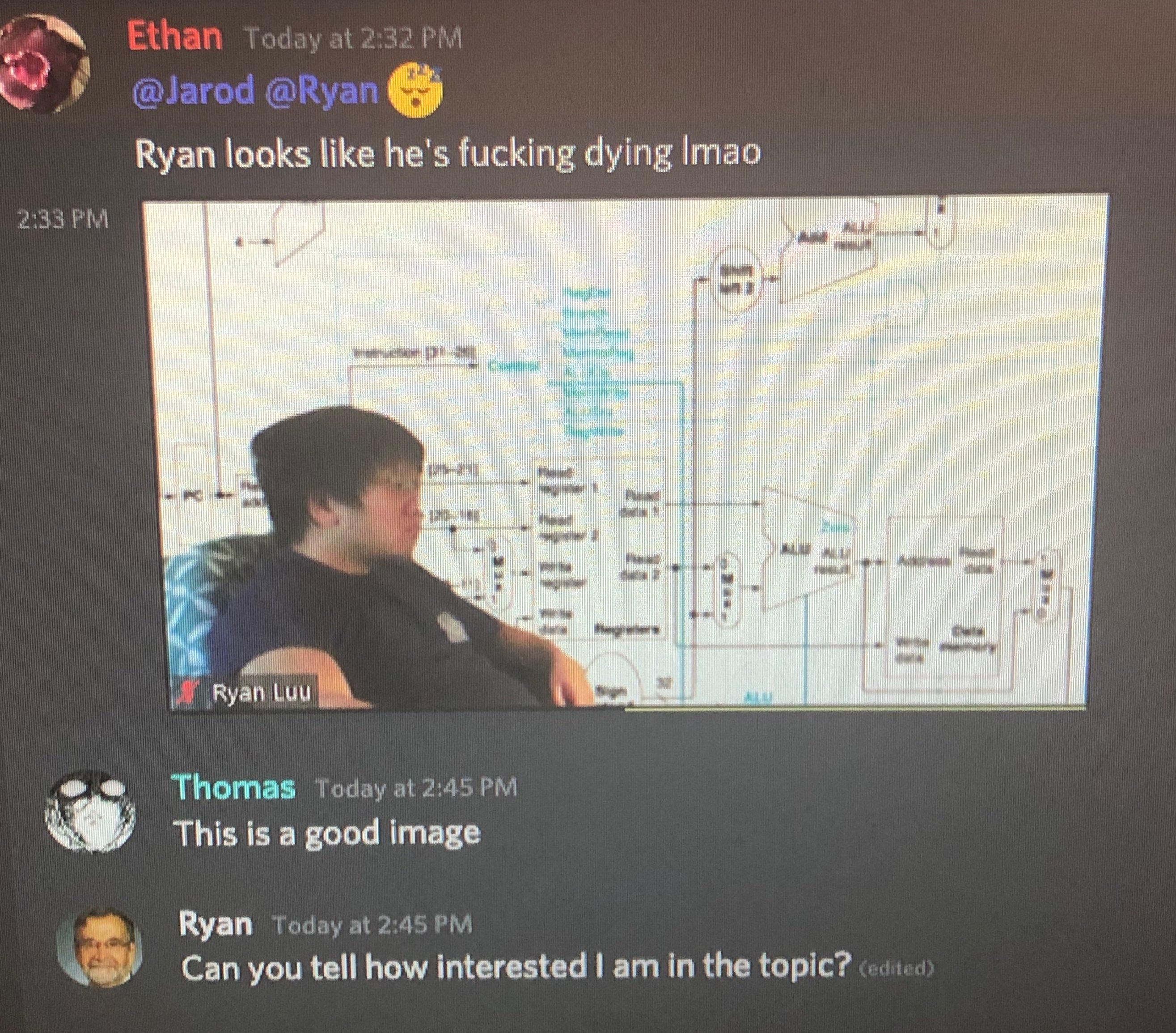 Discord messages where friends joke that Ryan looks exhausted in a screenshot from an online computer architecture lecture