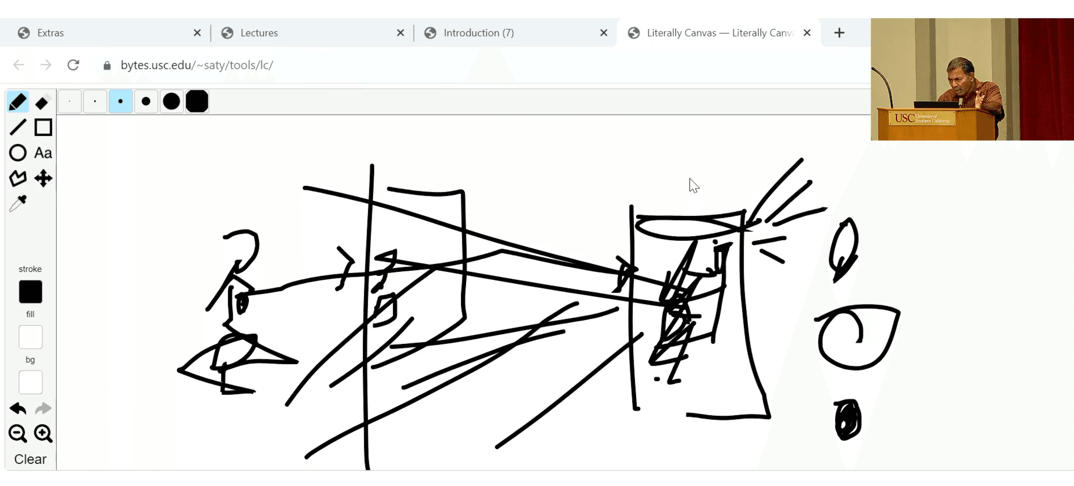 Screenshot of a USC lecture: a chaotic freehand doodle on the Literally Canvas drawing tool, with the professor lecturing in a small video-call thumbnail