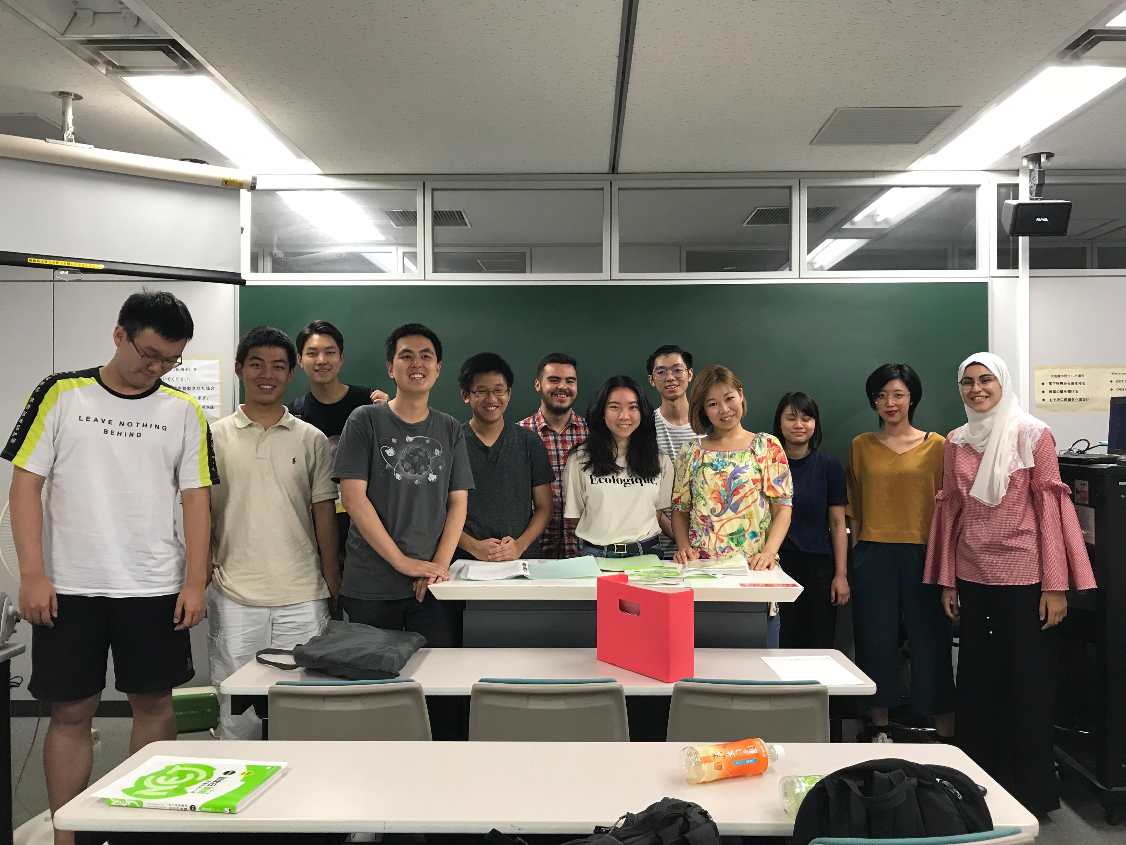 Ryan and his international classmates with their teacher in a Waseda University classroom